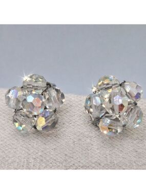 Handmade Beaded Flower Earrings Aurora Borealis AB Vintage Clip On